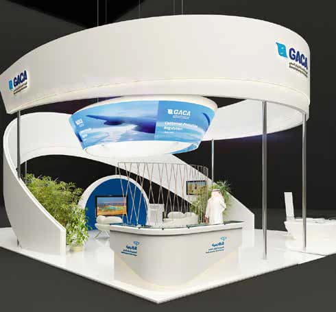 Front view render of the GACA exhibition stand proposed for Dubai Airshow 2019