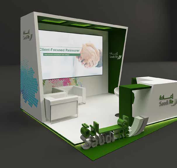 Front angle render of the Saudi Reinsurance Company exhibition booth